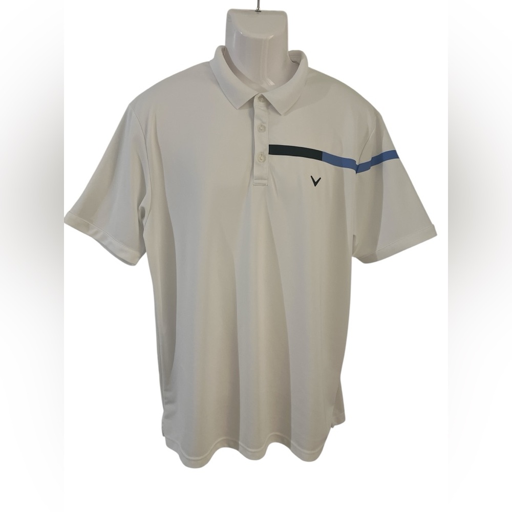 Callaway White Golf Polo with Blue and Black stripes. Size/XL